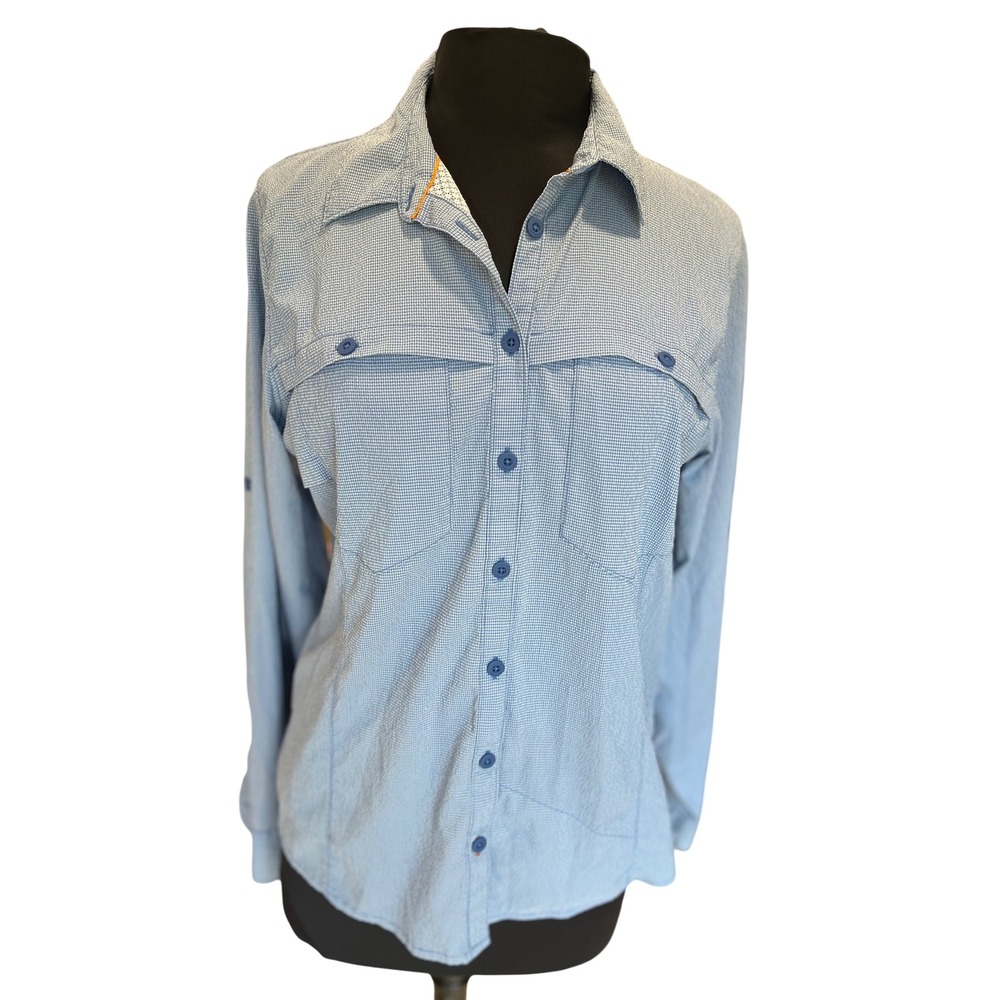 Orvis Womens Blue Gingham Plaid Roll Tab Long Sleeve Fishing Hiking Shirt Size M